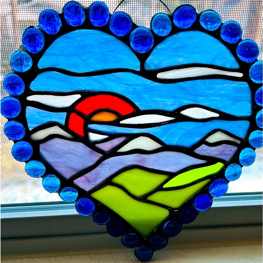 Beautiful Heart Shaped Stained Glass Sky and Mountains Hanging Window Panel